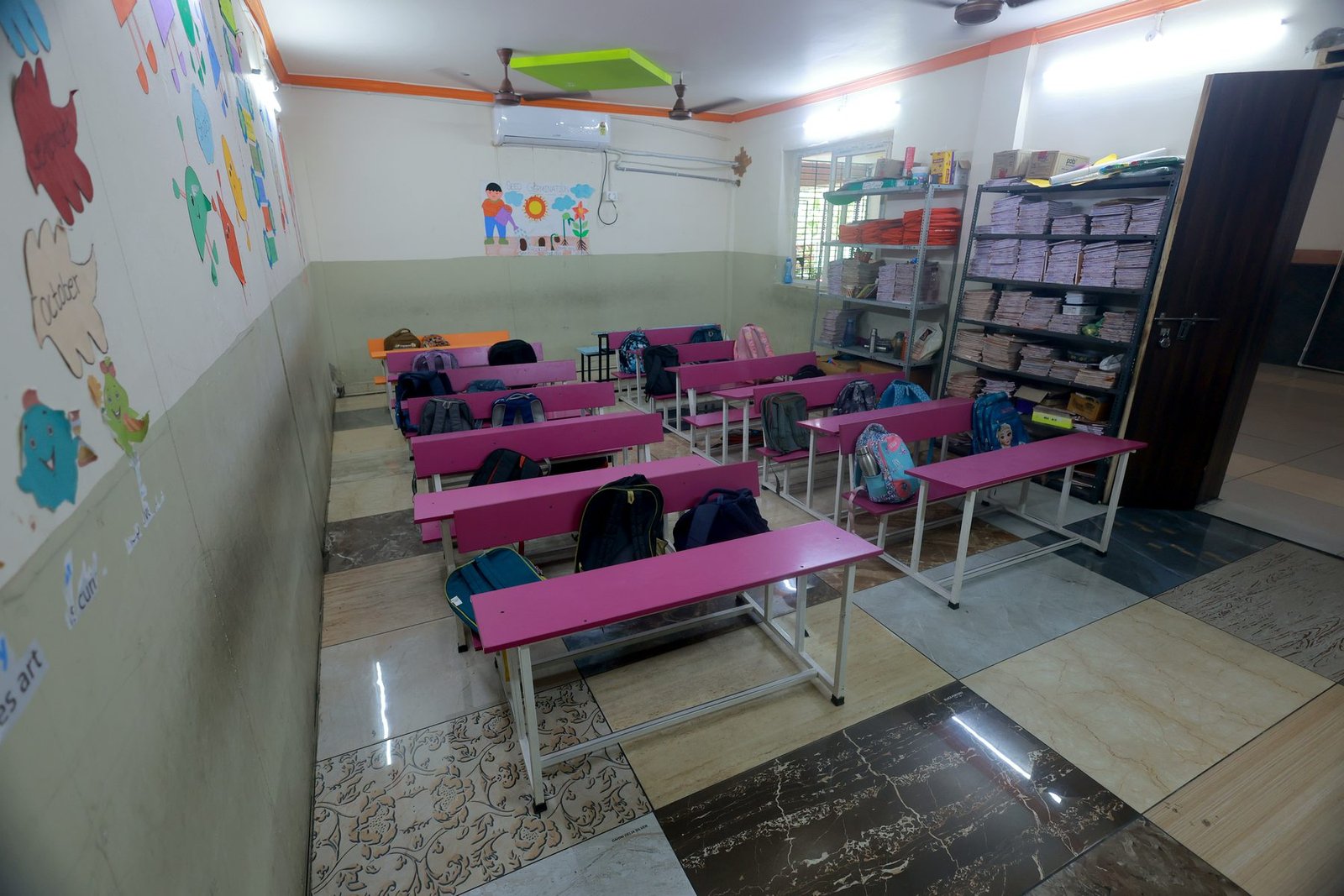 A classroom with a library corner